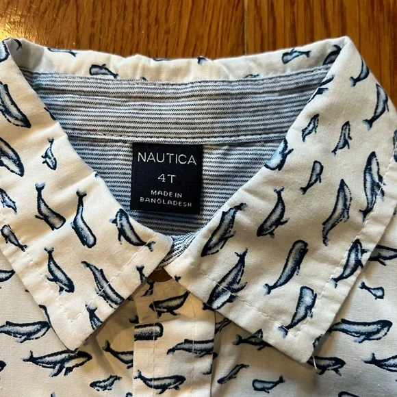 Nautica White Short Sleeve Button-Down with Navy Whale Print - Picture 3 of 5